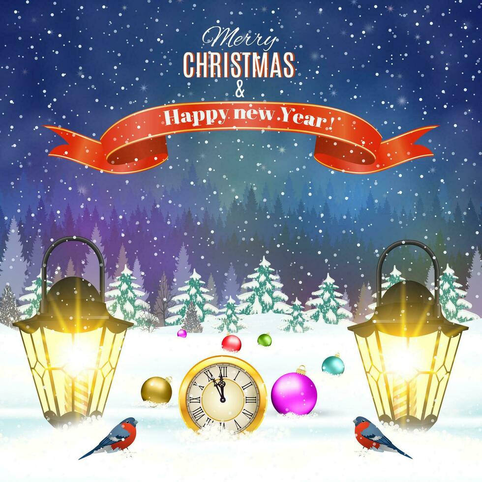 Christmas vintage greeting card on winter village vector