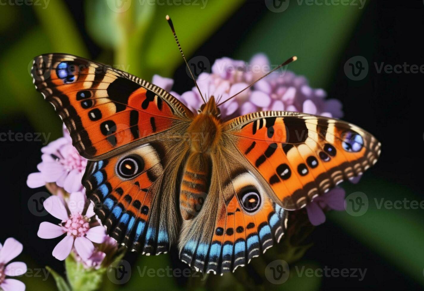 AI generated a butterfly with blue and orange wings is on a green leaf photo