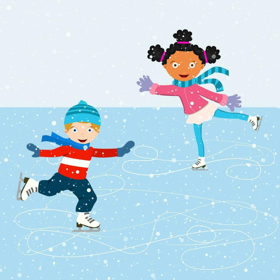 Winter scene with skating children vector
