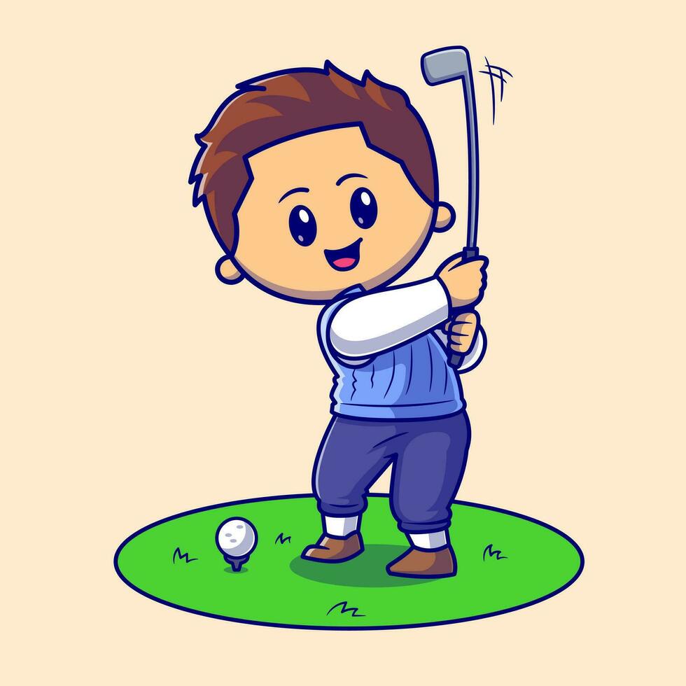 Cute Man Playing Golf Cartoon Vector Icon Illustration. People Sport Icon Concept Isolated Premium Vector. Flat Cartoon Style