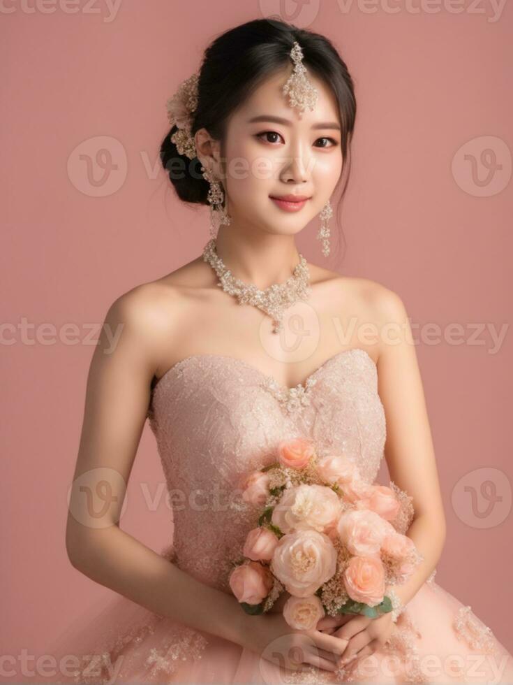 AI generated Beautiful woman  on peach background photo