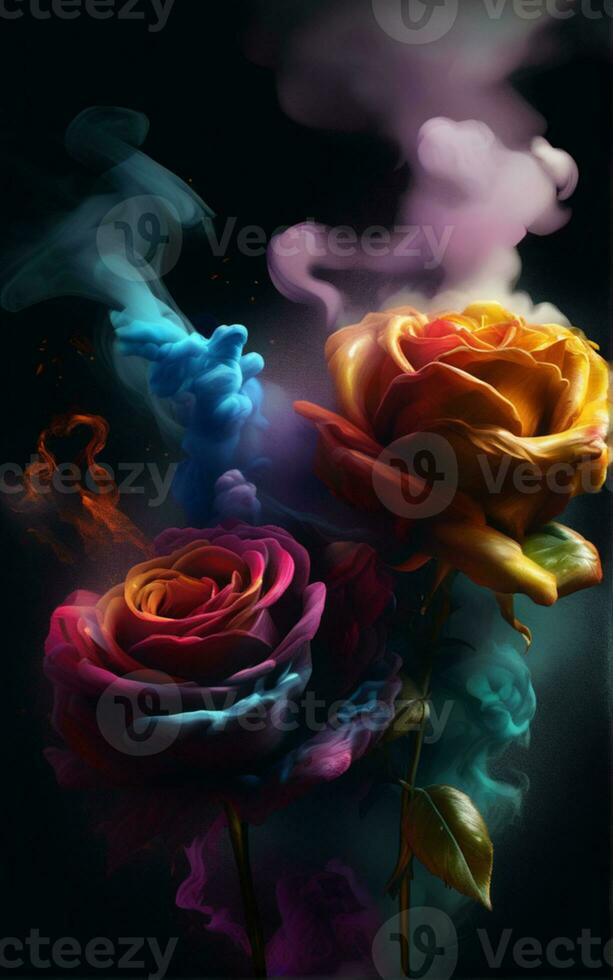 ai generado Tres rosas con fumar y colores foto