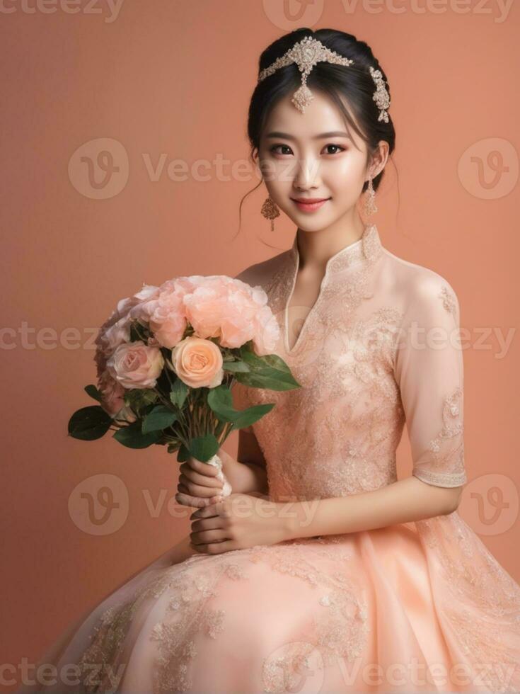 AI generated Beautiful woman  on peach background photo