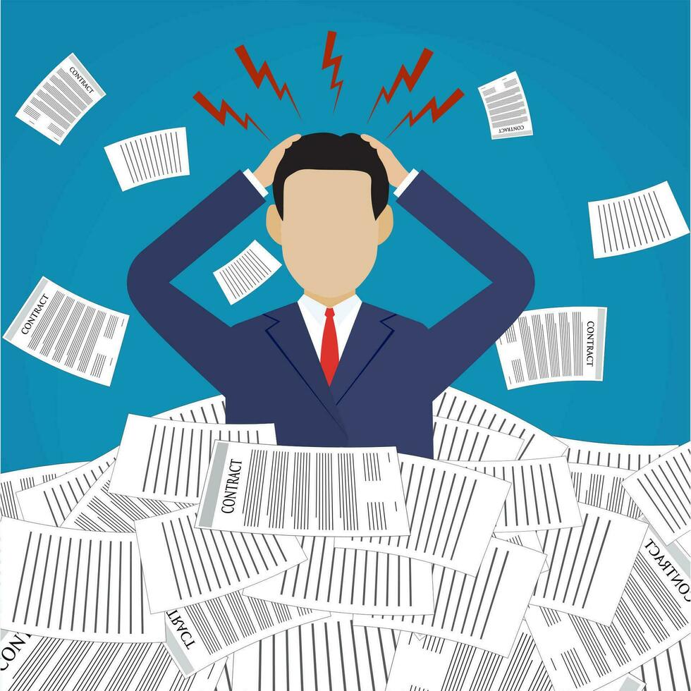 Stressed cartoon businessman in pile of papers vector
