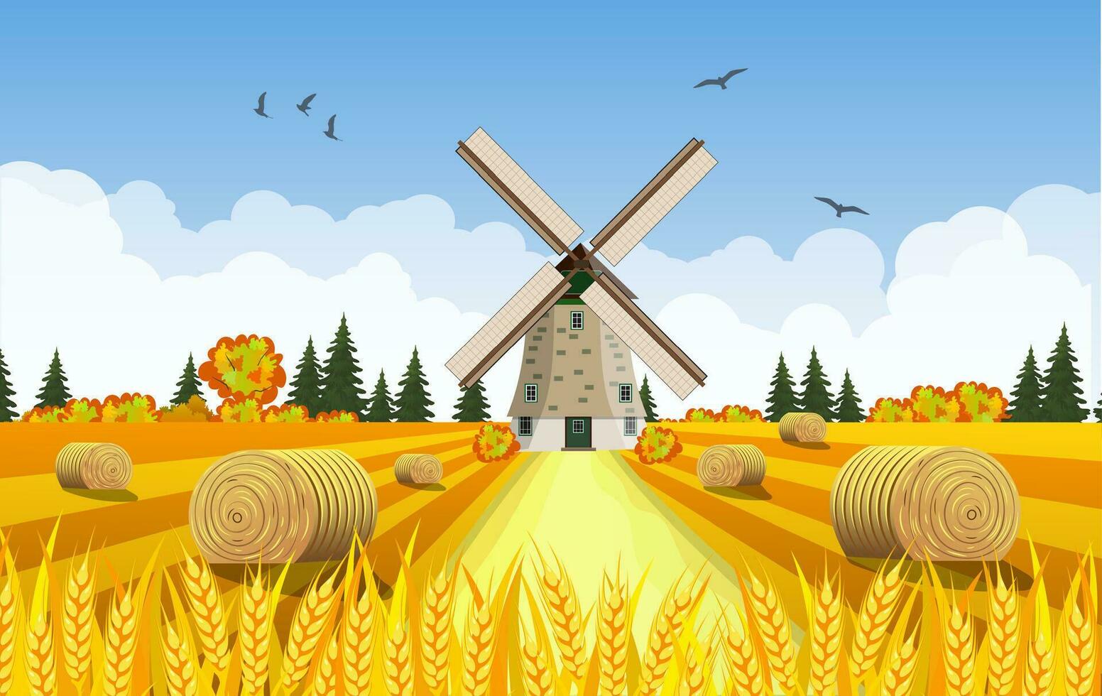 Countryside landscape with haystacks on fields. vector