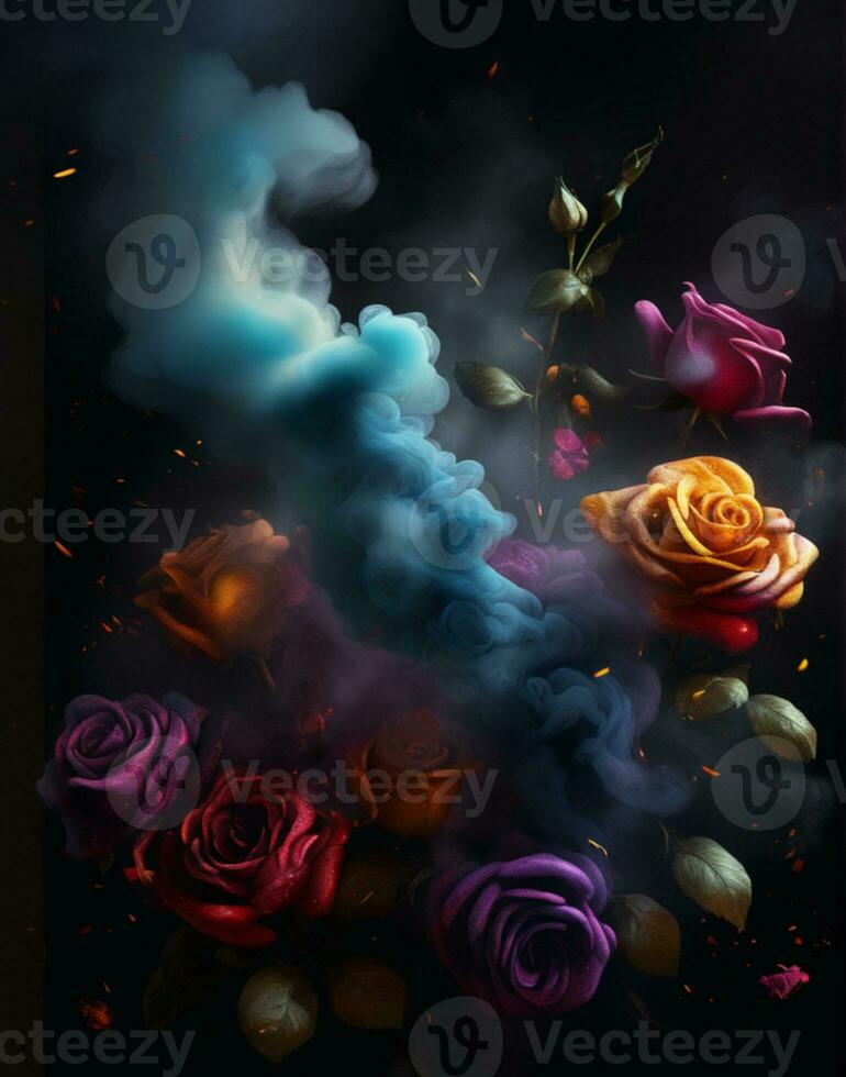 AI generated a colorful rose with smoke coming out of it photo