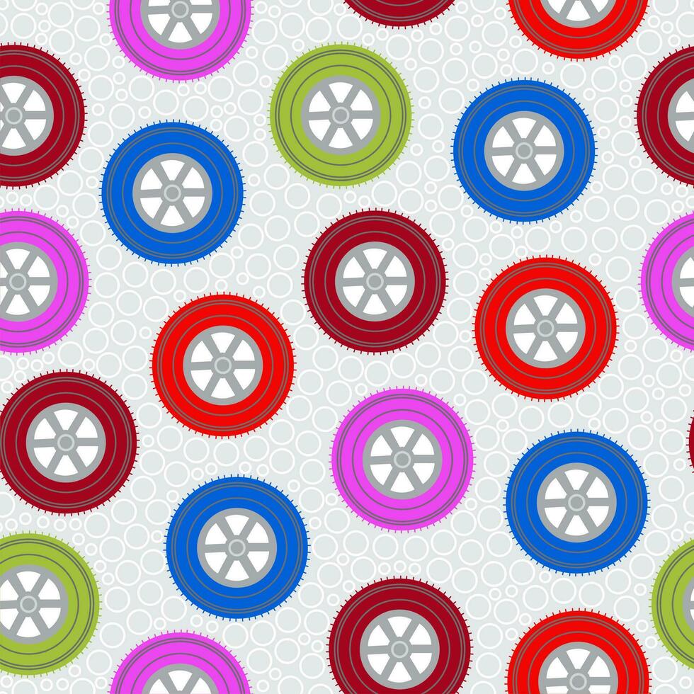 Pattern of car wheels and discs. Seamless colorful background pattern. vector