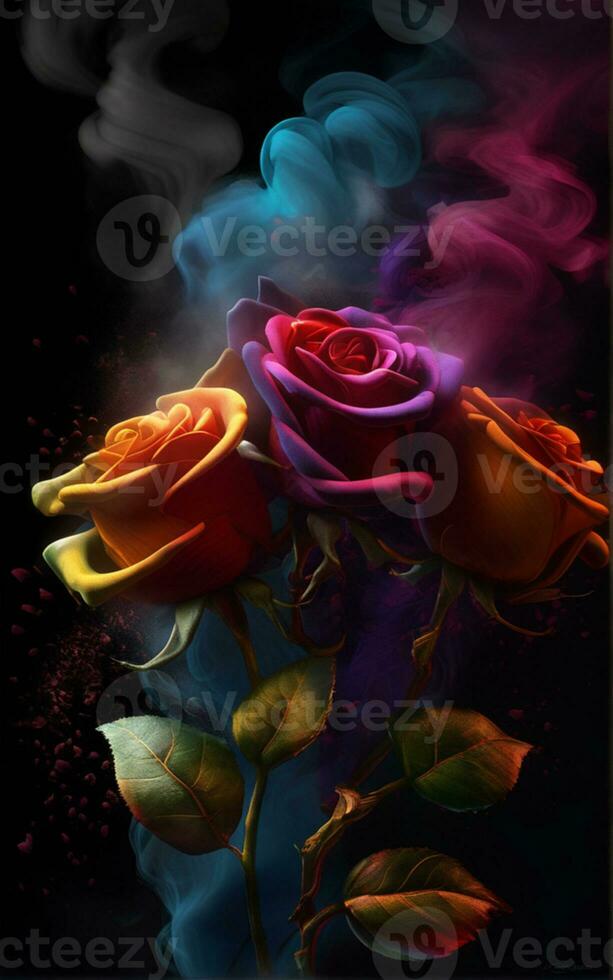 AI generated a bouquet of colorful roses with smoke coming out of them photo