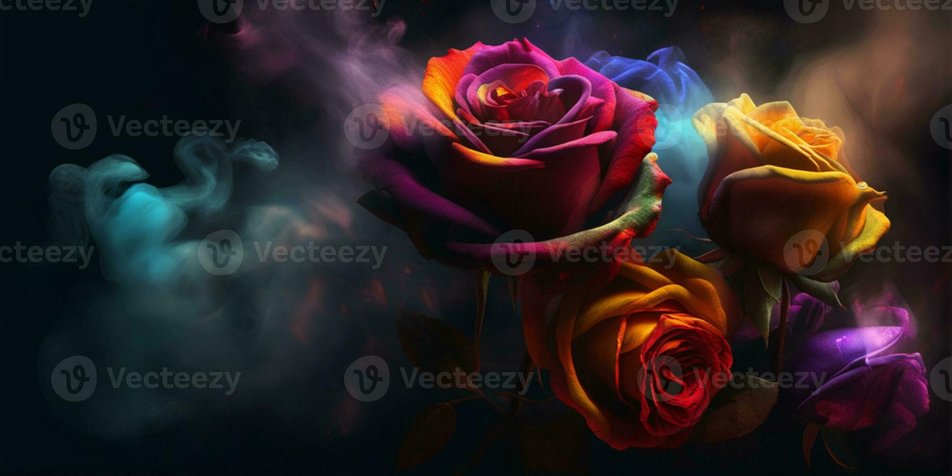 AI generated a bouquet of colorful roses with smoke coming out of them photo