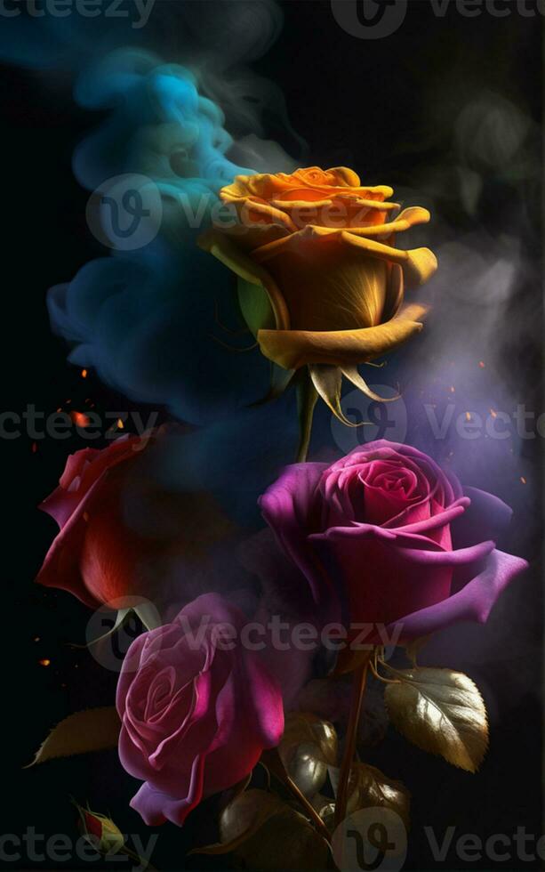 ai generado un ramo de flores de vistoso rosas con fumar viniendo fuera de ellos foto