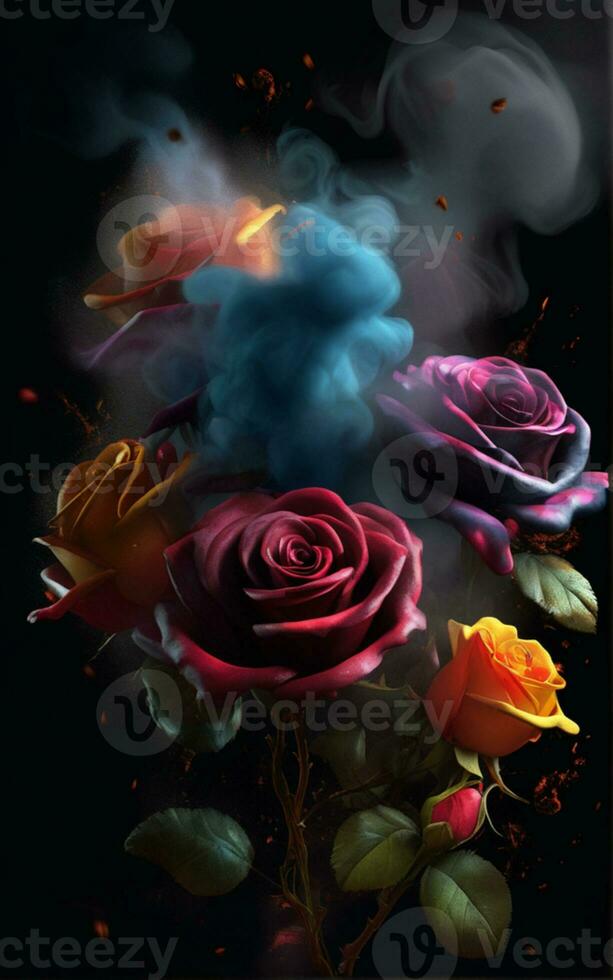 ai generado Tres rosas con fumar y colores foto