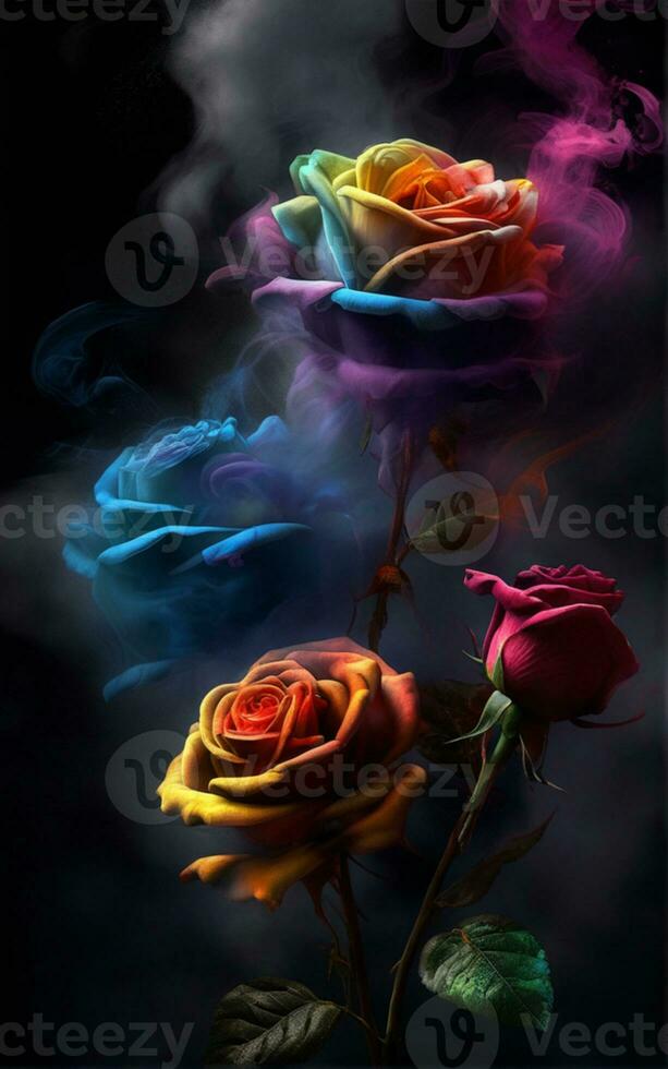 AI generated a colorful rose with smoke coming out of it photo