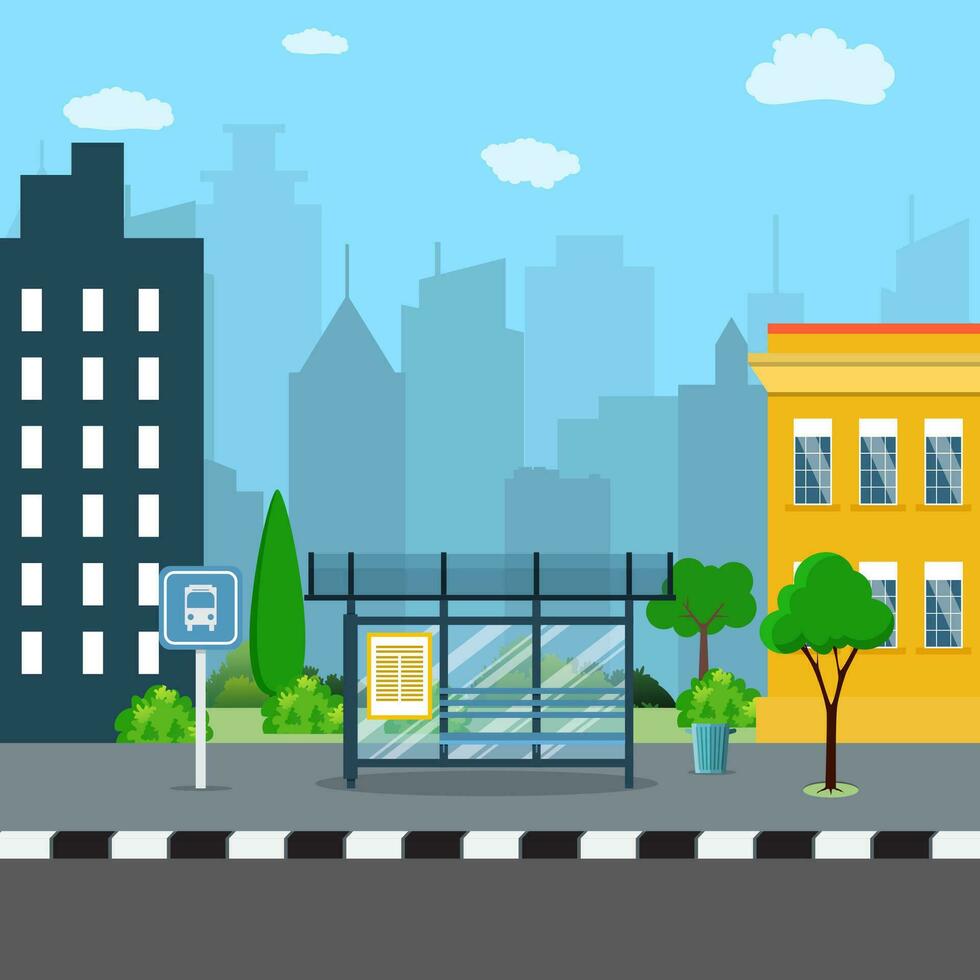 Bus stop with city background . vector
