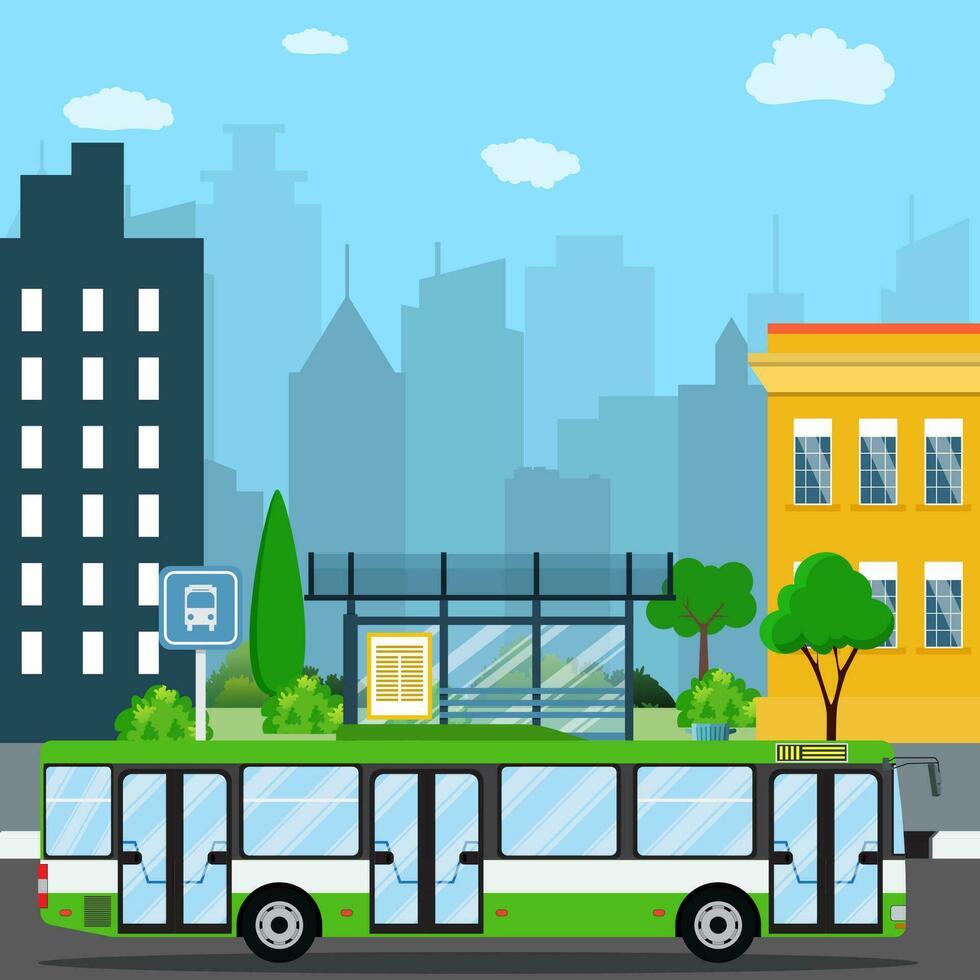 Bus stop with city background . vector