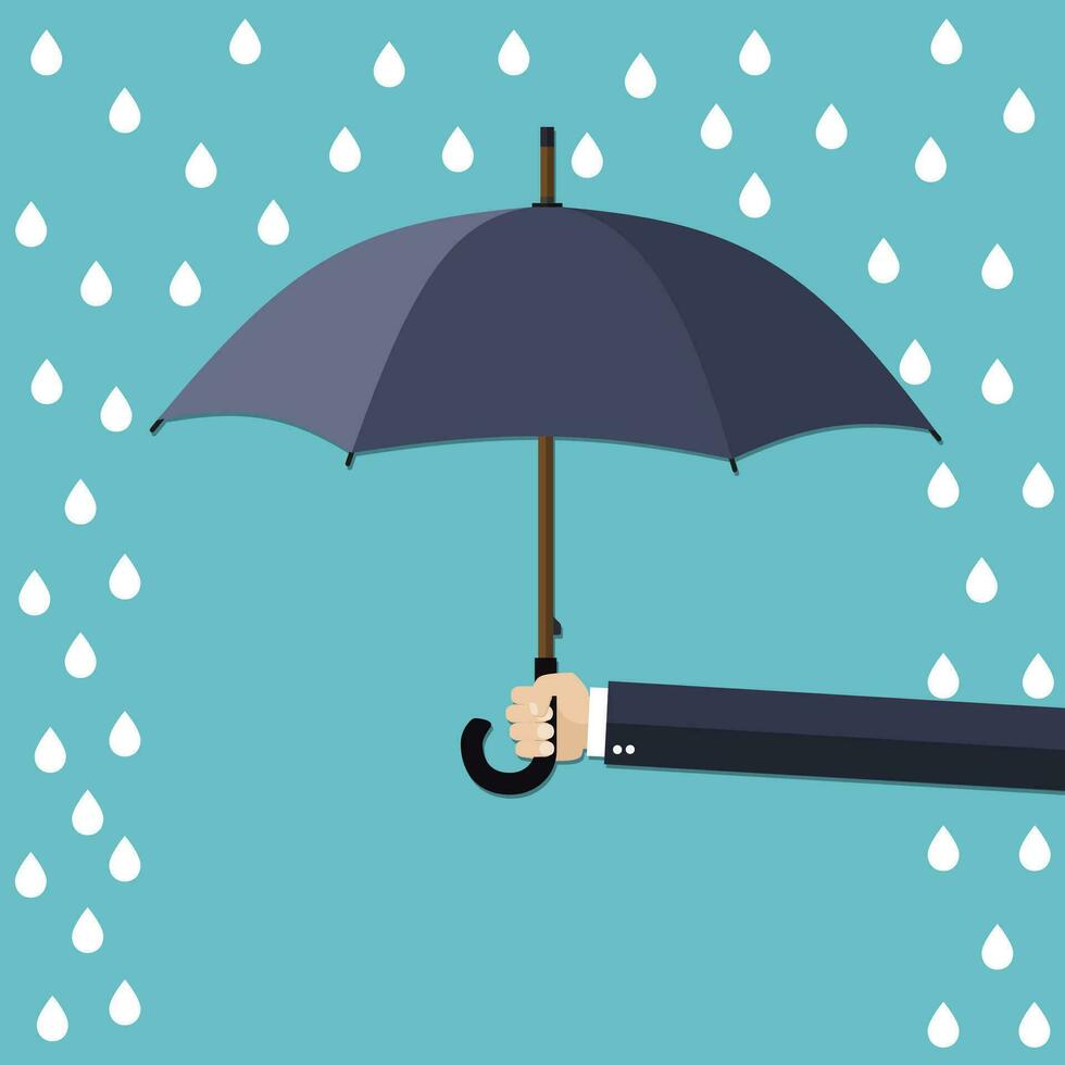 Hand of man holding umbrella under rain. vector