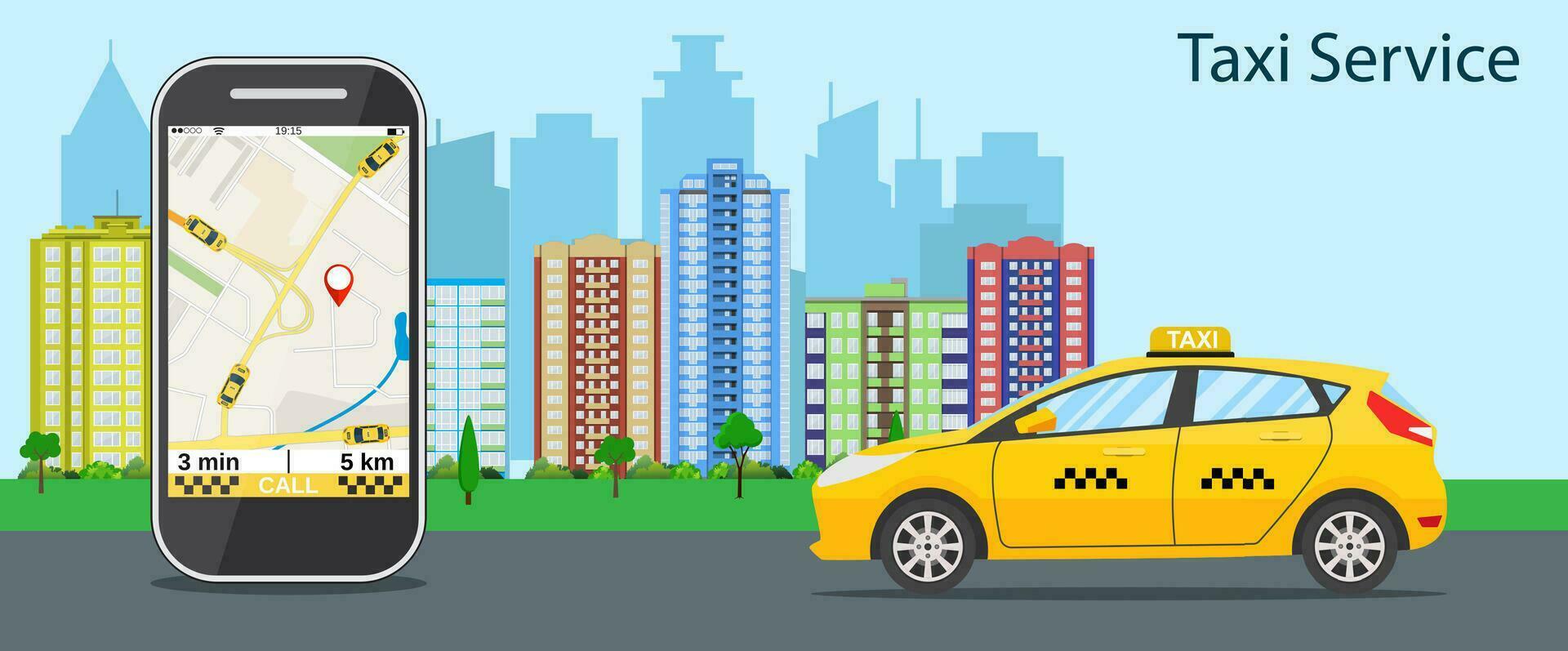 taxi cab, mobile phone with map vector