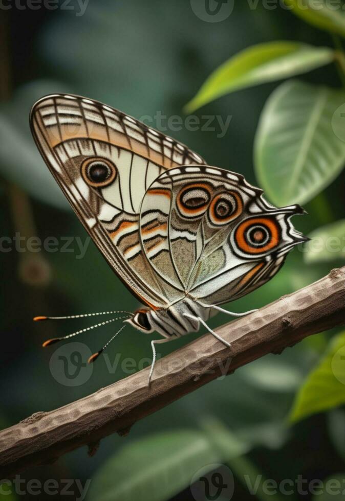 ai generado un mariposa es sentado en un planta con hojas foto