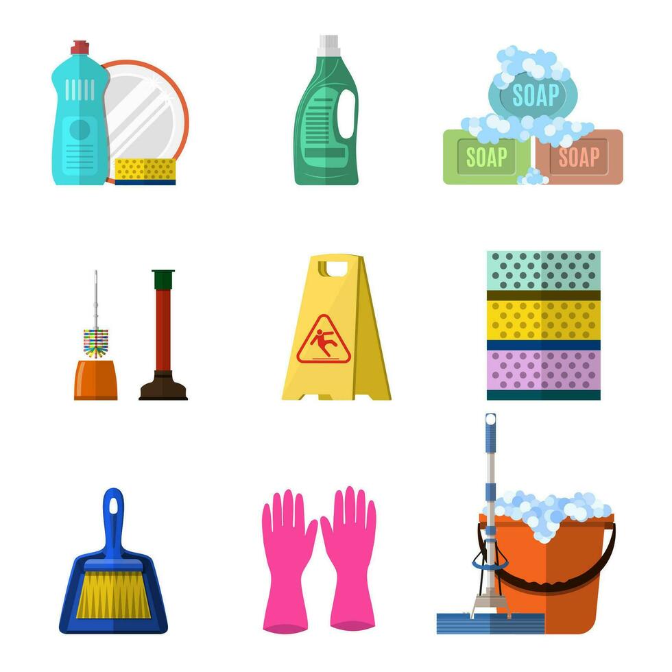 Cleaning icons set with mop soap and gloves vector