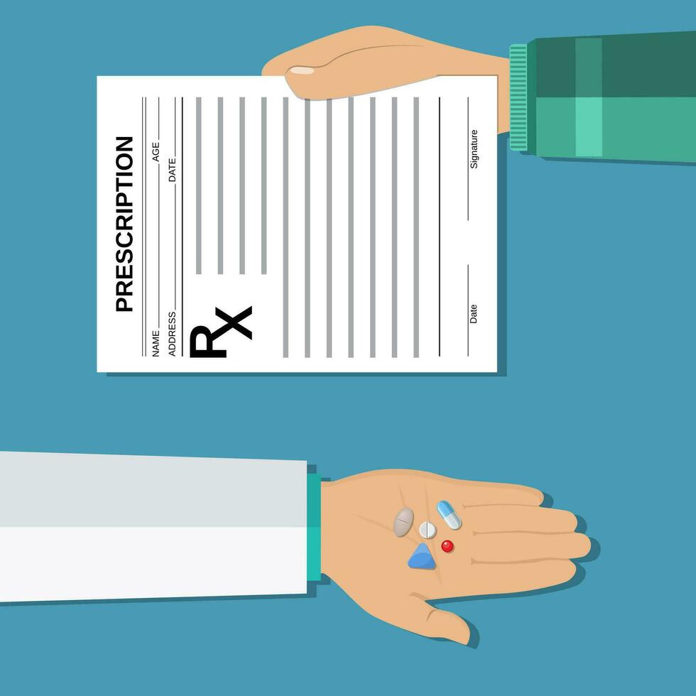 hands holds a prescription rx form and pills. vector