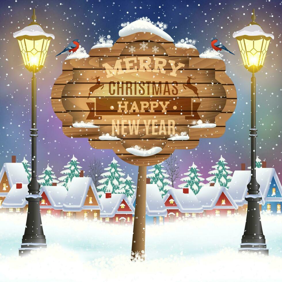 Christmas vintage greeting card on winter village vector