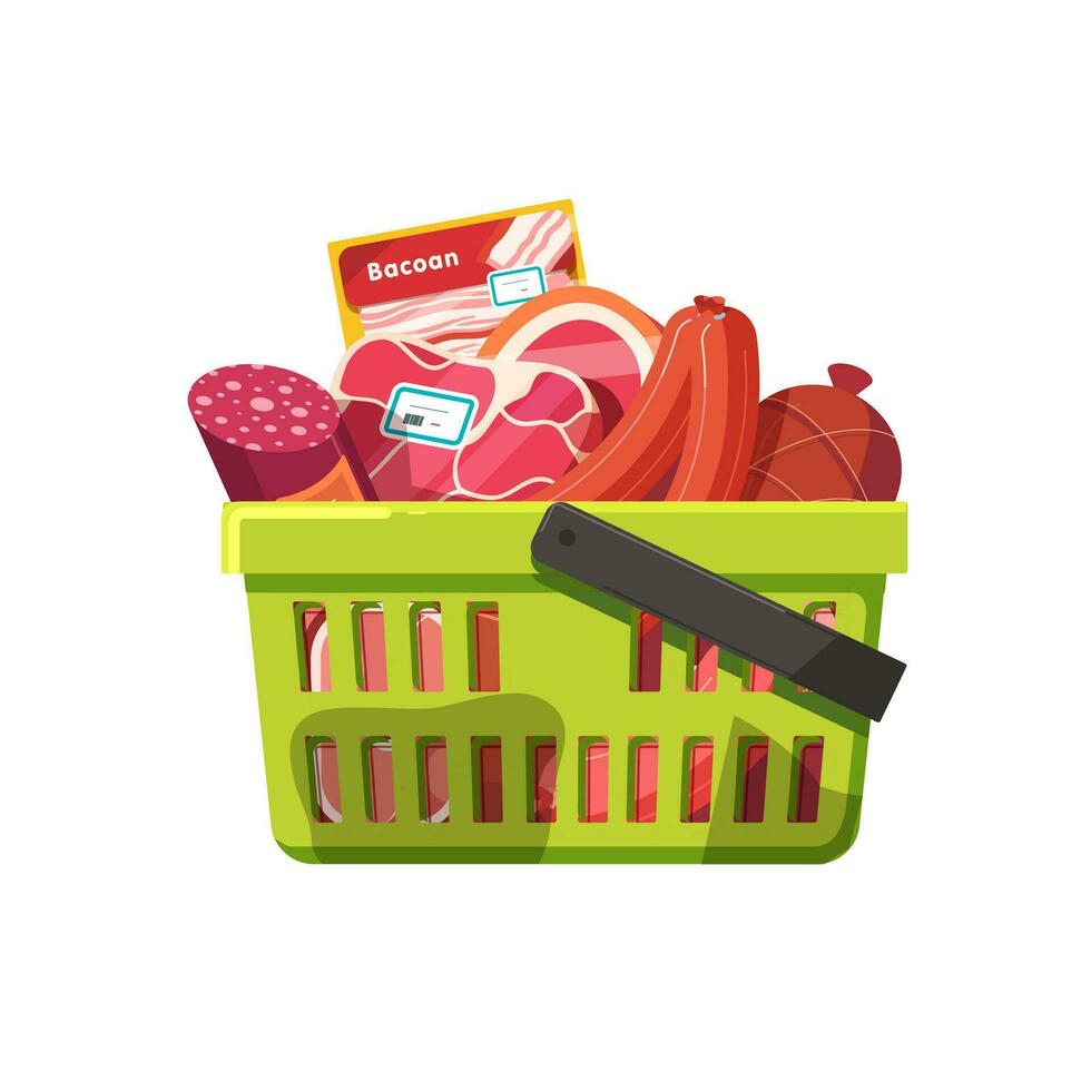 Shopping supermarket basket full of meat vector