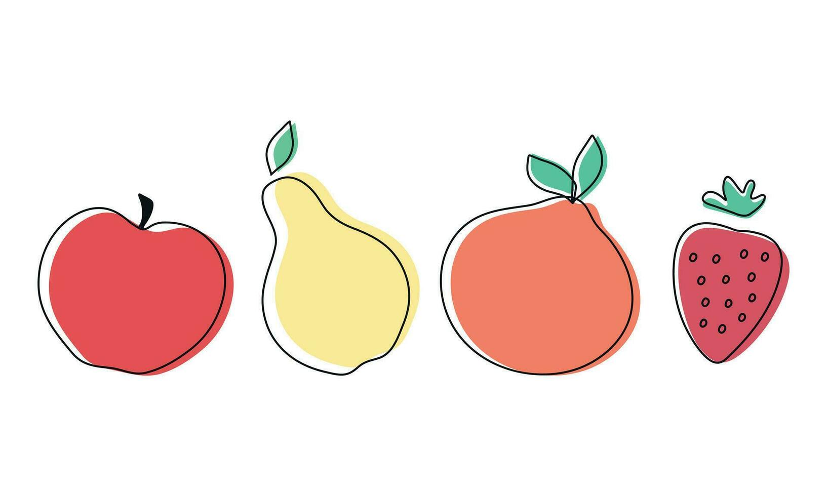 Line fruits set on white background. Apple, pear, orange and strawberry. Vector illustration