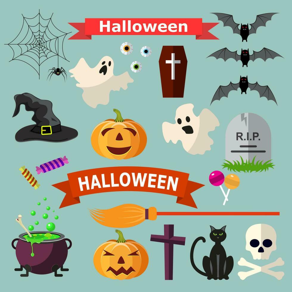 Set of Halloween ribbons and characters. vector