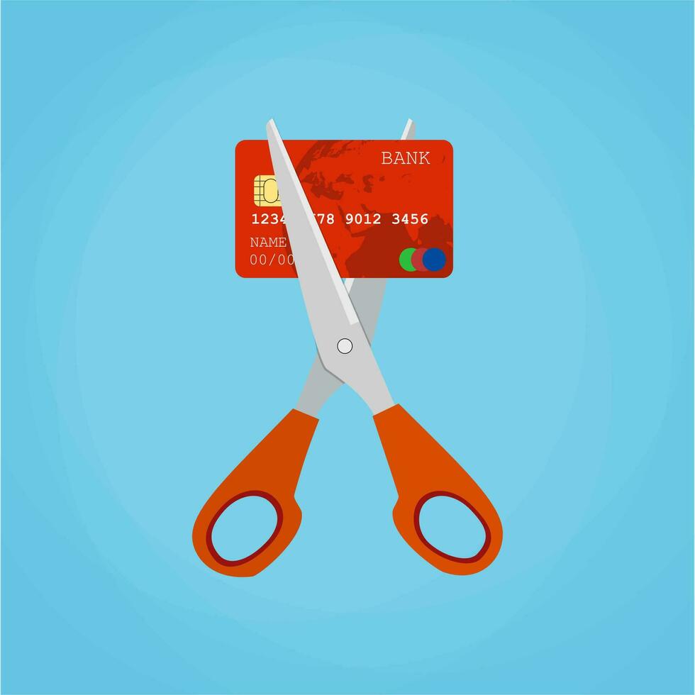 Red credit card cutting by the scissors. vector