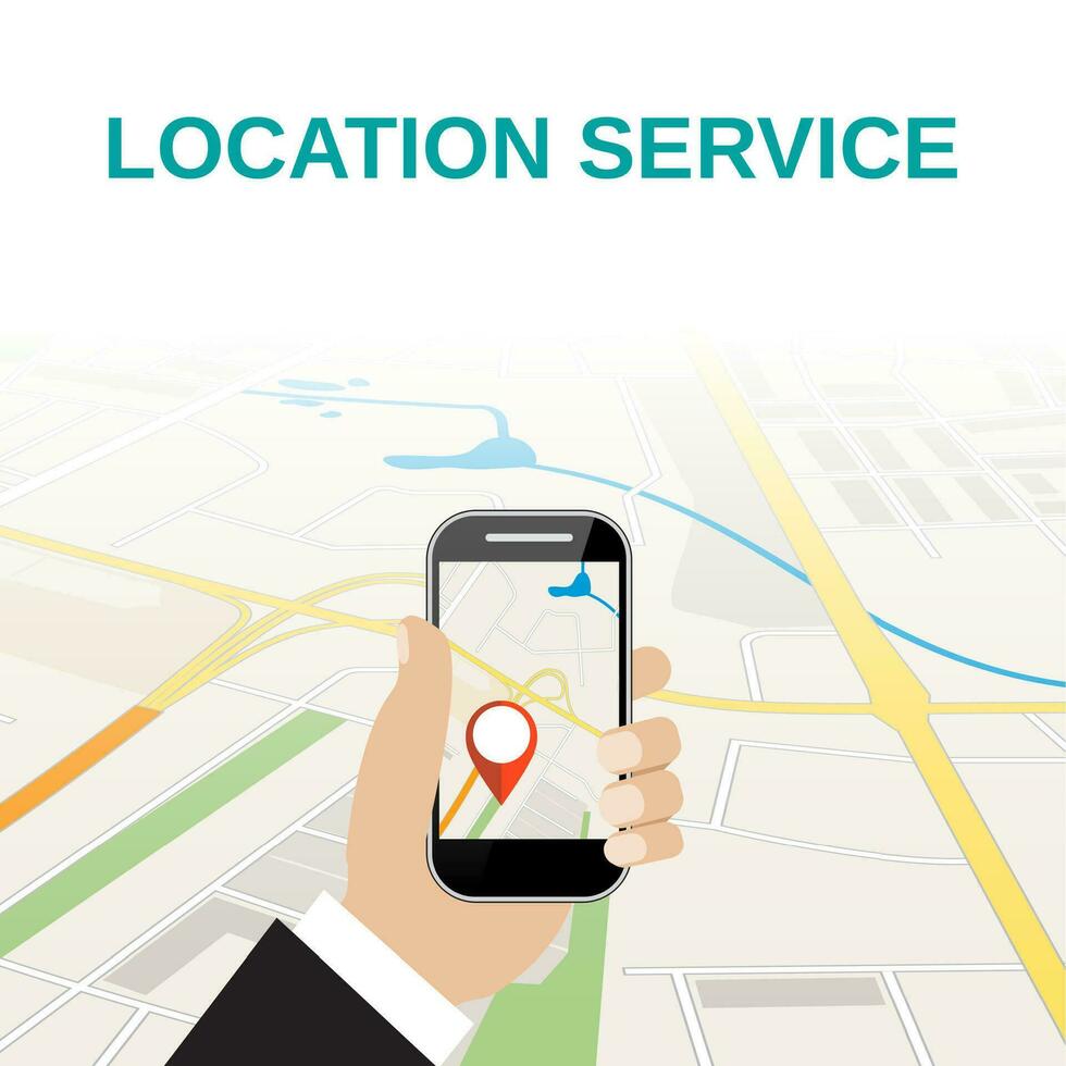 Hand holding mobile phone with navigation application vector