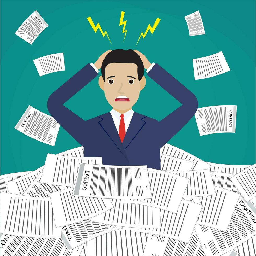 Stressed cartoon businessman in pile of papers vector