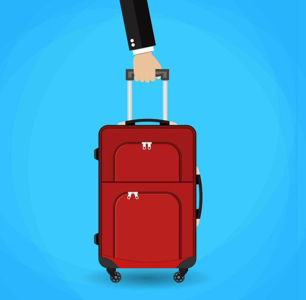 Hand holding red travel bag. vector