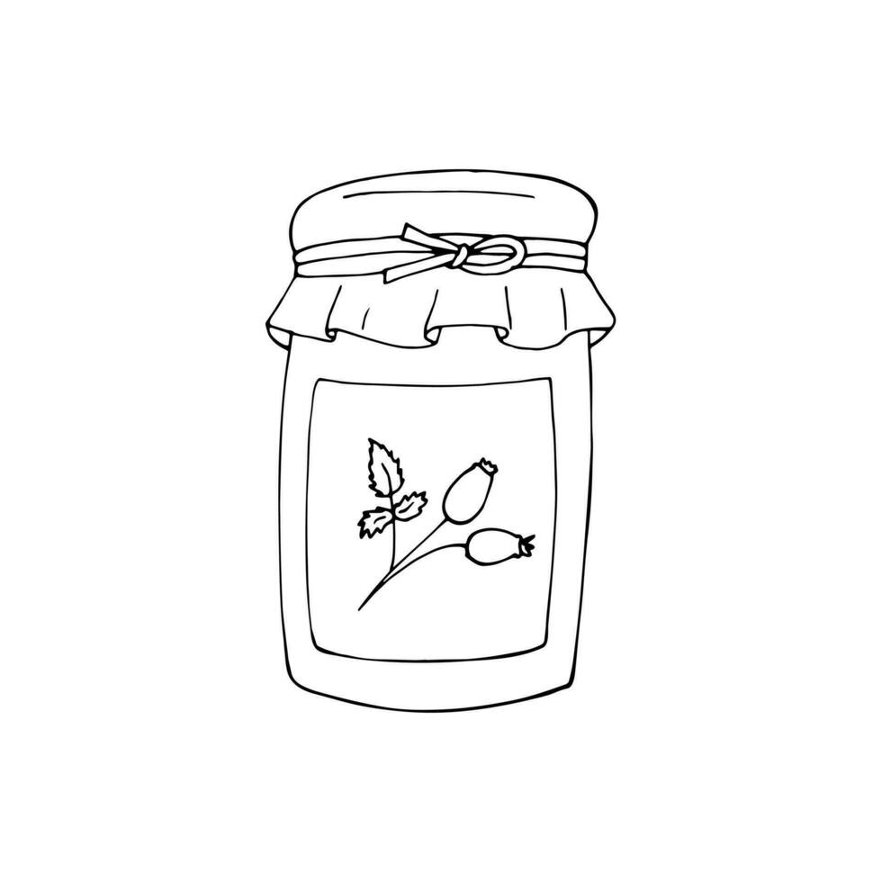 Rosehip jam in a glass jar. Canned homemade jam. Hand-drawn illustration isolated on a white background. vector