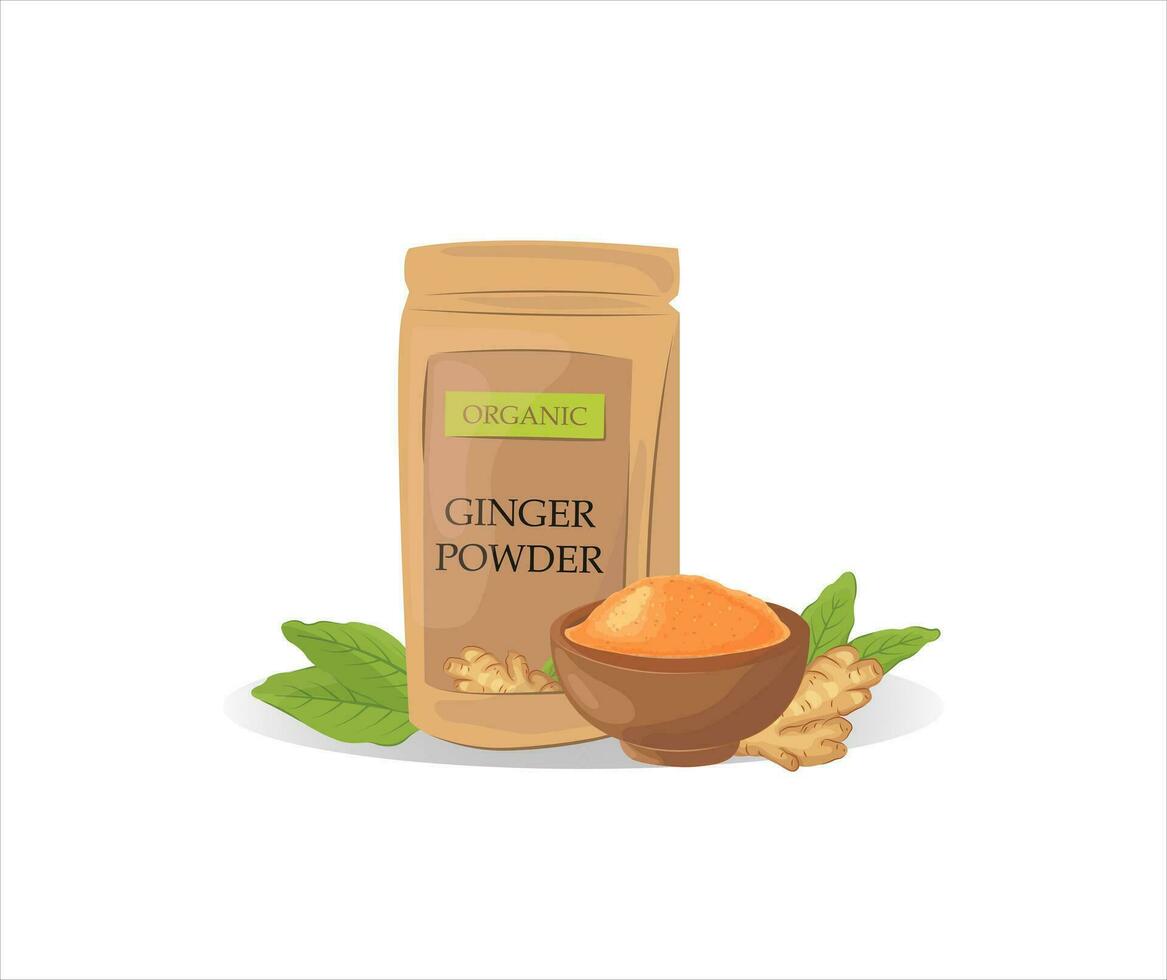 Dry ginger powder in a pack, and a bowl. With ginger root and green leaves. Vector cartoon flat illustration. Ayurvedic remedy and spice for cooking.