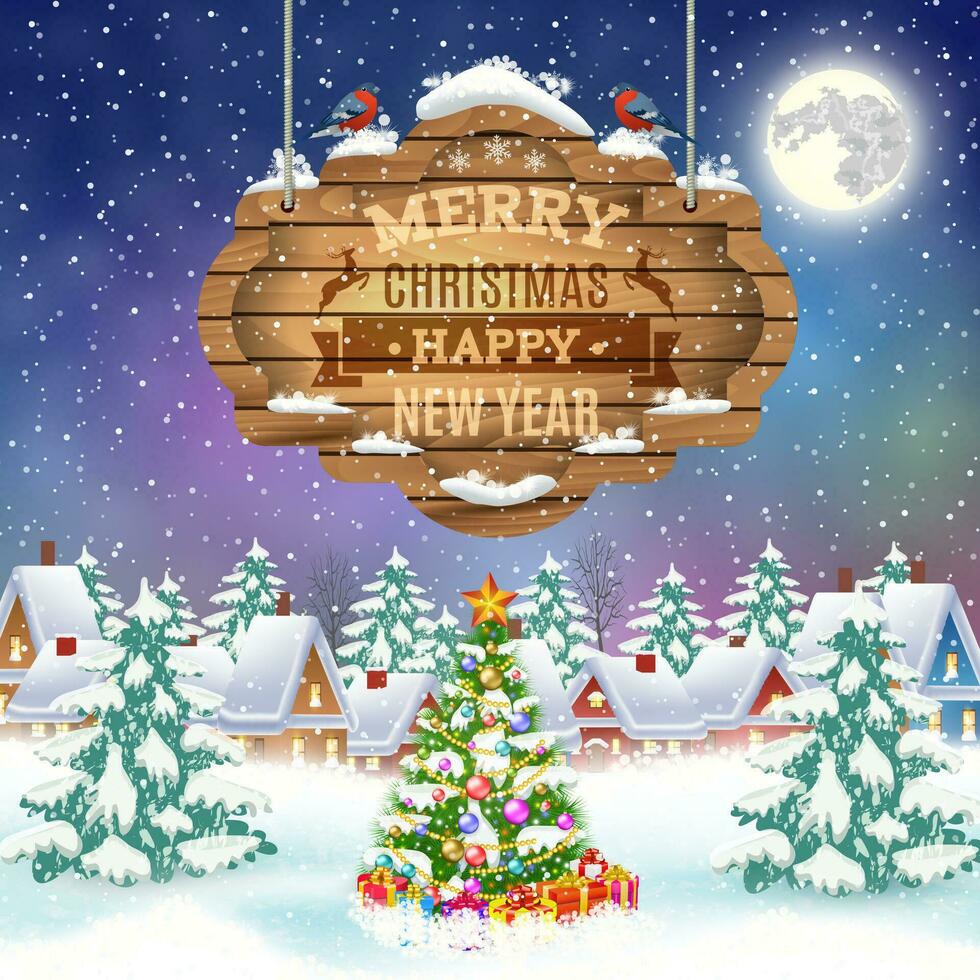 Christmas vintage greeting card on winter village vector
