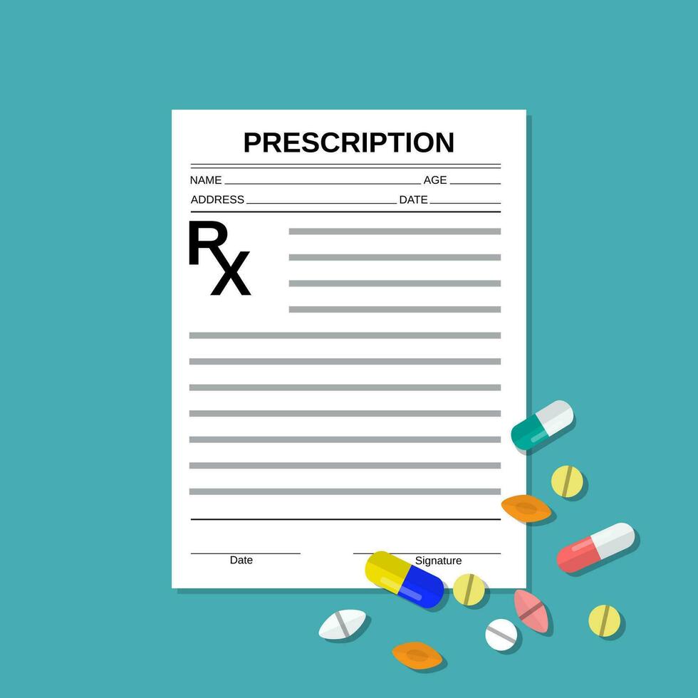 prescription rx form and pills vector