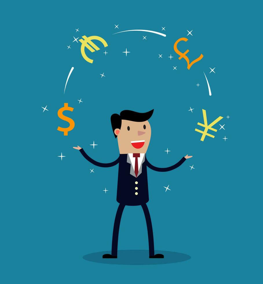 Businessman juggle with different currency vector