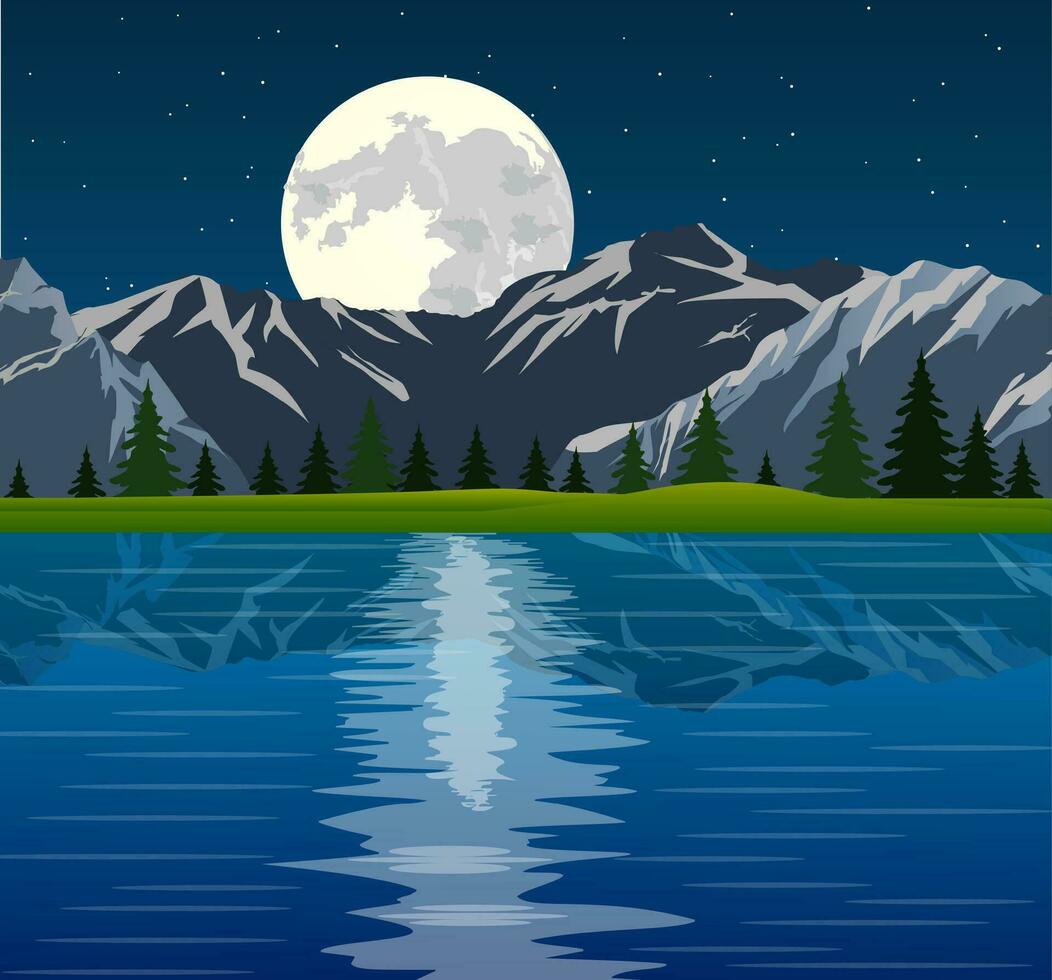 lleno Luna y grupo de arboles reflejado vector