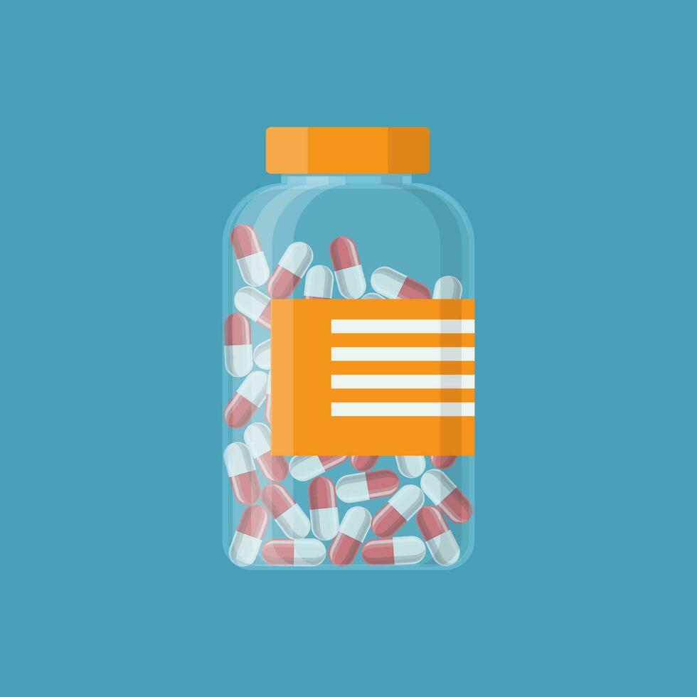 Glass container with medical pills capsules. vector