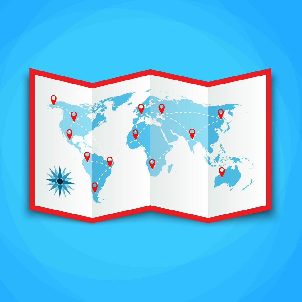 Paper world map with location icons. vector