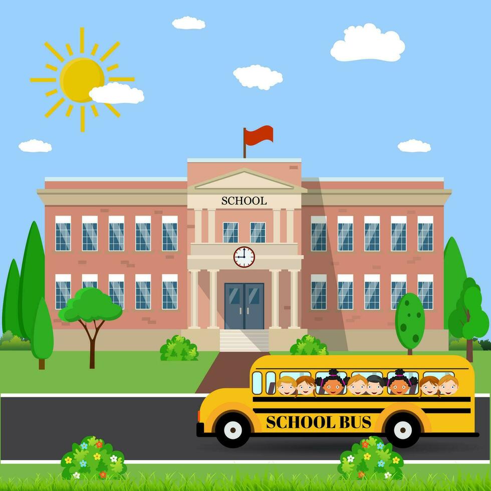 School building and bus vector