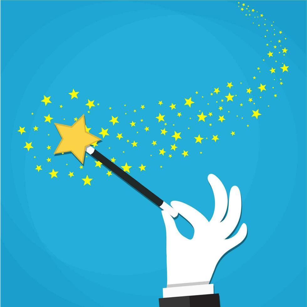 Cartoon Hand hold magic wand with stars sparks. vector