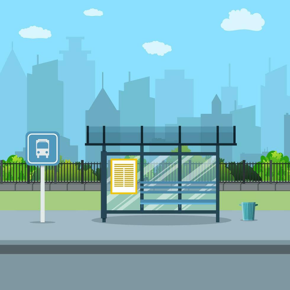 Bus stop with city background . vector