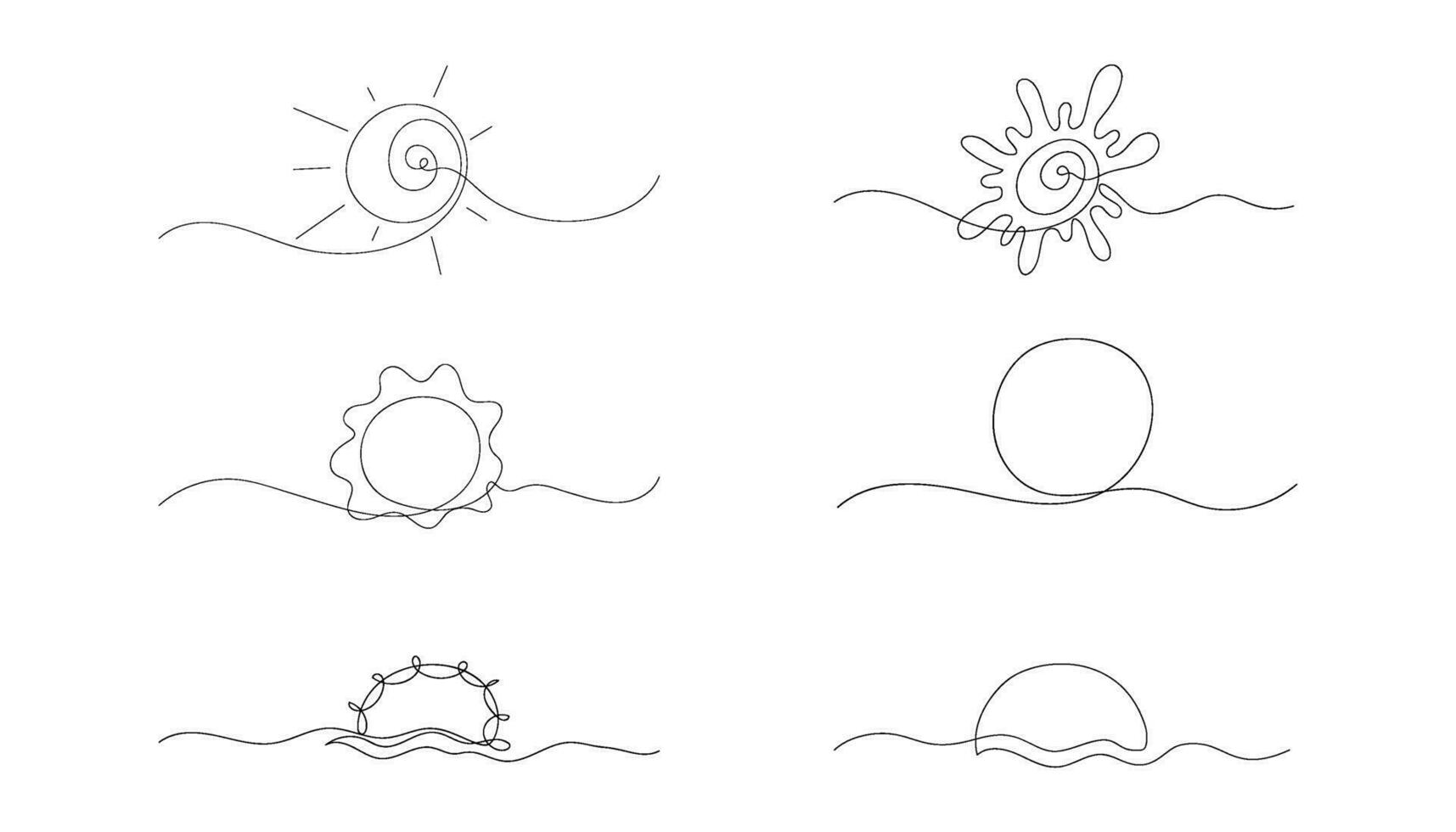 Set of abstract  a sun drawn by one line. Sketch. Continuous line drawing simple art. Creative vector illustration in minimalist style.