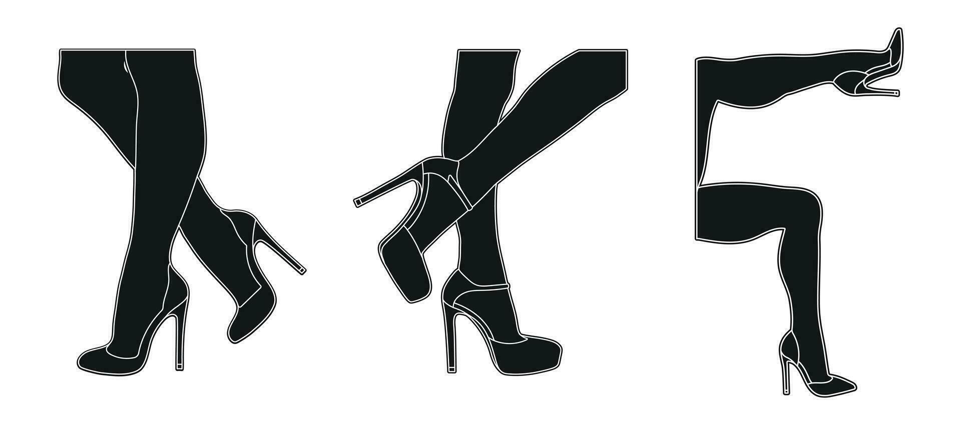 línea Arte silueta contorno de hembra piernas en un pose. Zapatos tacones de aguja, alto tacones caminando, de pie, correr, saltando, danza vector