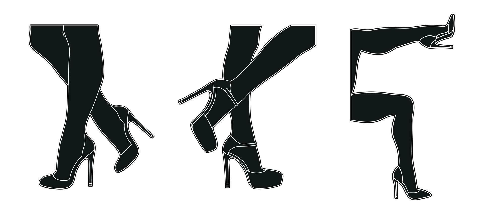 Line art silhouette outline of female legs in a pose. Shoes stilettos, high heels. Walking, standing, running, jumping, dance vector