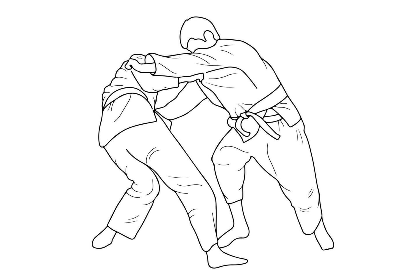 línea dibujo de dos joven juguetón judoka combatiente. judoista, judoca, atleta, duelo, luchar, judo vector