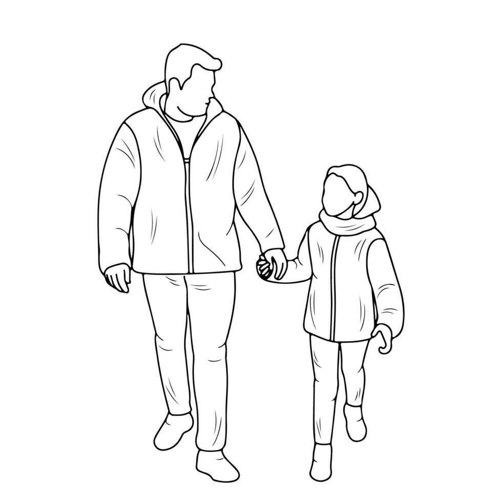Sketch silhouette of father and daughter walking on foot holding hands, isolated vector