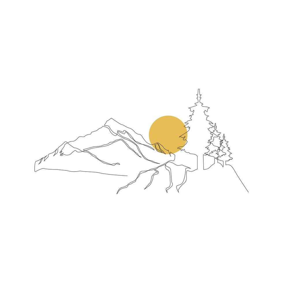 mountain range continuous One  line drawing. Simple line drawing of mountains and sun. Modern one line nature illustration vector