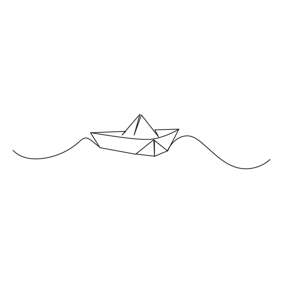 paper boat Continuous line drawing. sailboat in big waves of sea. Business icon. Vector illustration