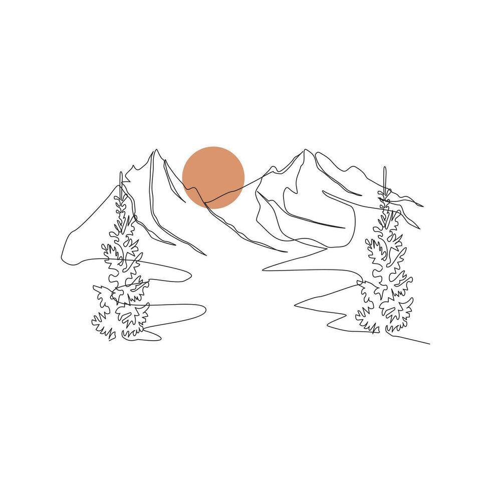 mountain range continuous One  line drawing. Simple line drawing of mountains and sun. Modern one line nature illustration vector